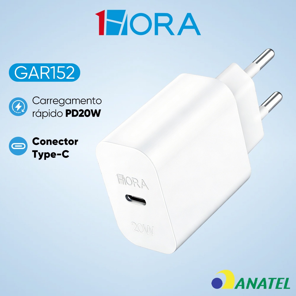 1HORA Carregador Parede Turbo Com Porta Usb Tipo C Pd 20w Branco