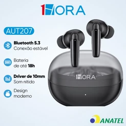 1HORA AUT207 Fone de Ouvido Bluetooth 5.3 Sem Fio Até 20h de Bateria Intra-auricular com Microfone