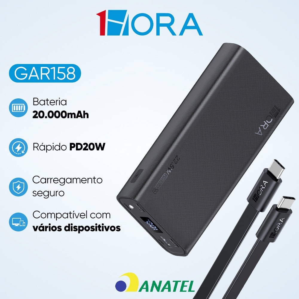 1HORA GAR158 Power Bank 20000 mah 2 Entradas Tipo C e 1 Entrada USB 22.5W Modelo Carga Rápida Portátil em Oferta na Shopee