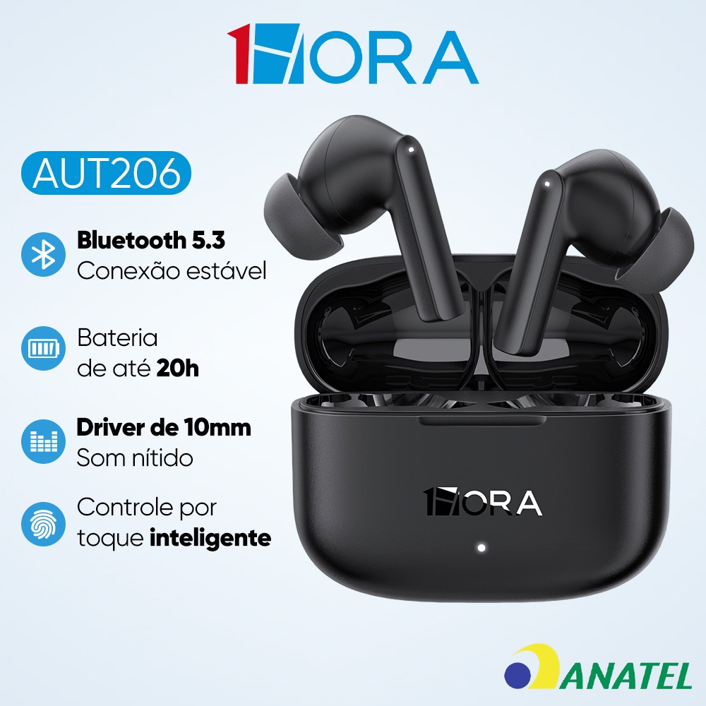 Fone de ouvido Bluetooth 5.3 Sem Fio 1HORA AUT206 Intra auricular confortável Com Microfone
