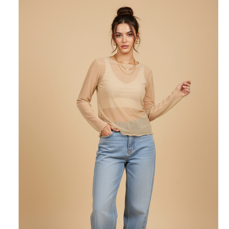 Blusa Tule Manga Longa Gola Redonda Camiseta Feminina Transparente Lisa com Forro de Cropped Estilo Moderno em Oferta na Shopee