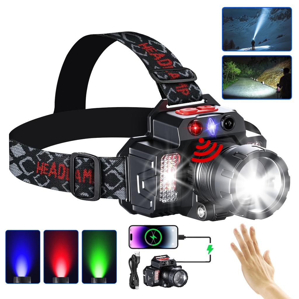 Imagem Lanterna de Cabeça LED 1000 Lumens Sensor Zoom Recarregável USB Power Bank IPX4