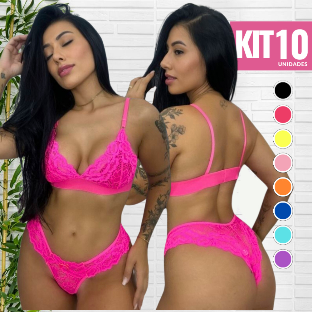 Kit 10 Conjuntos Renda Lingerie Neon Bicolor Revenda Feminino Conforto Sexy Luxo Sutiã e Calcinha de Renda Sensual em Oferta na Shopee