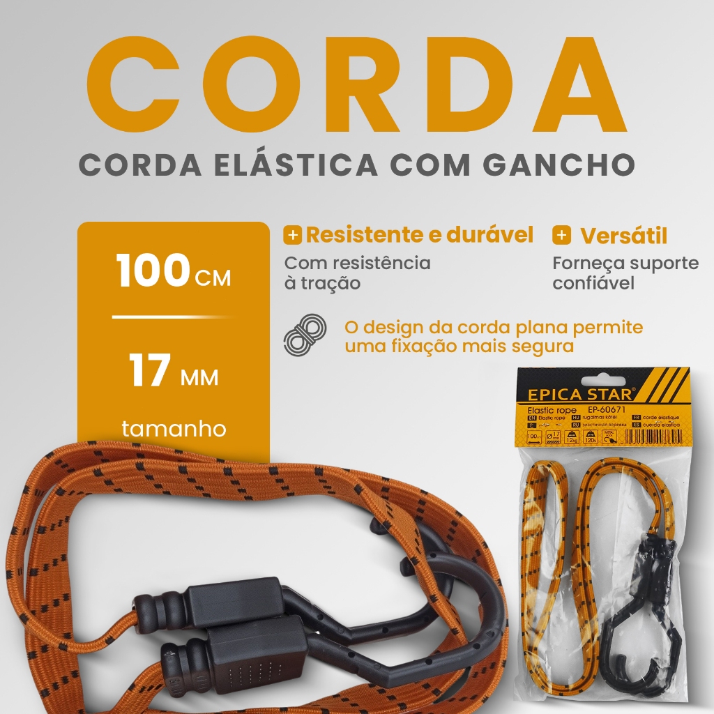 Corda elástica plana de 100 cm com gancho para prender carga