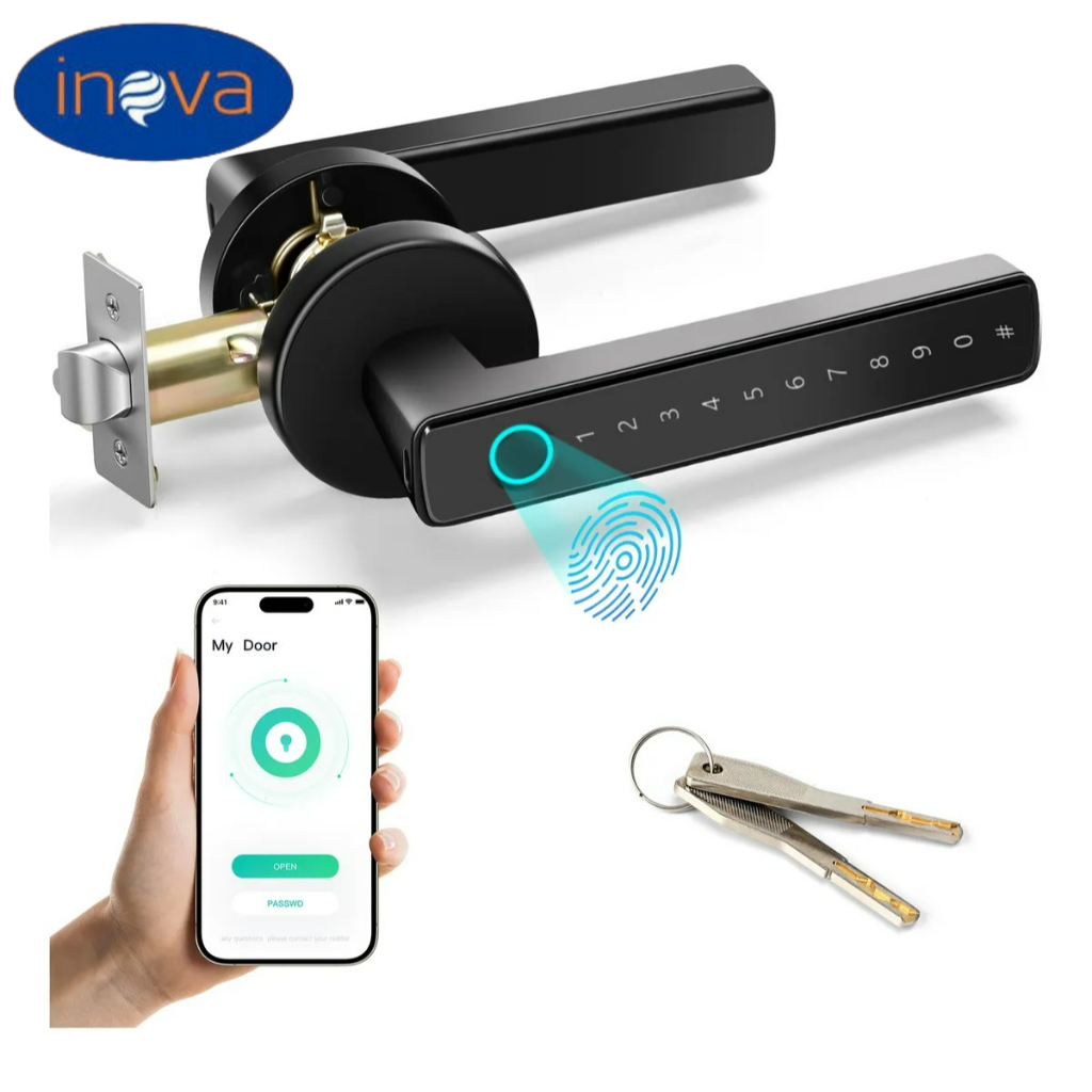 INOVA Fechadura Eletrônica Digital Intelar Wifi Tuya 5 em 1 Com Biometria, Bluetooth, Senha Touch, Chave e Tag