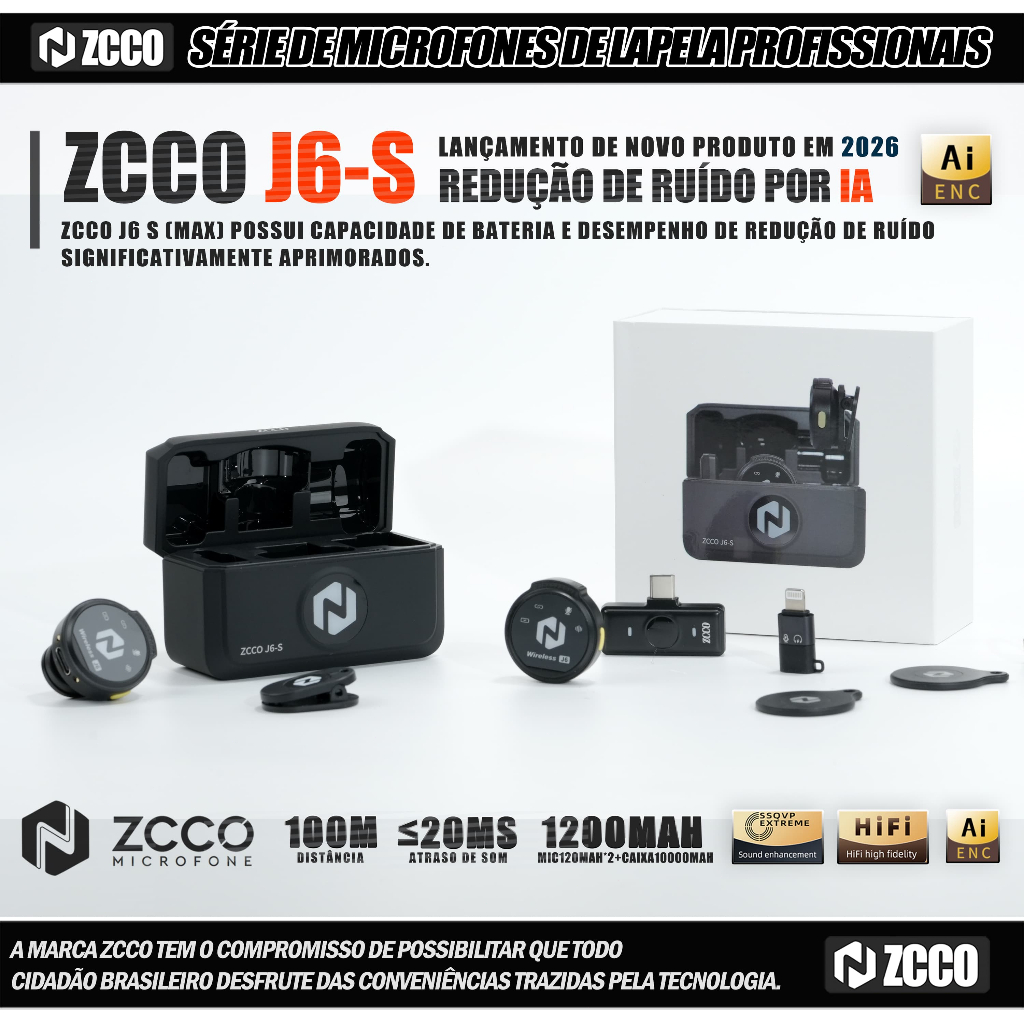 ZCCO J6-S Microfone Lapela Sem Fio Magnético c/ Redução Ruído, Bateria Longa, Plug-Play, p/ iPhone/Android, TikTok/Vlog