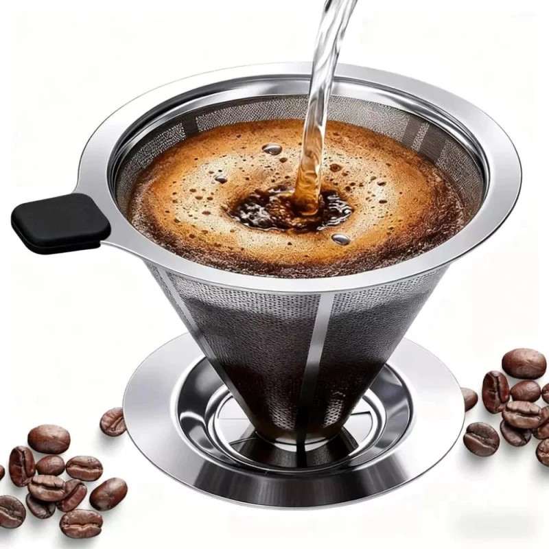 Filtro Coador De Café Inox 103 - Com Pegador em Silicone - Peneira Aço Reutilizável