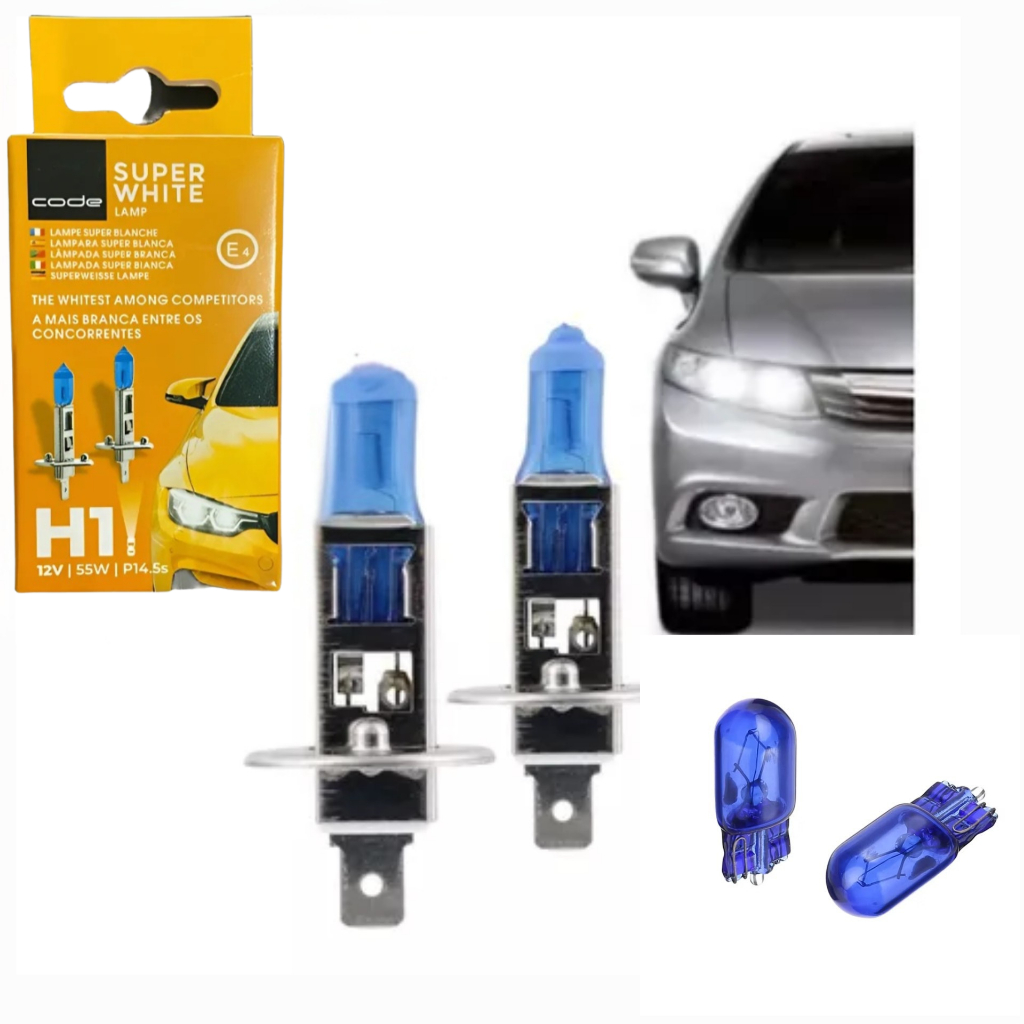 Kit Par LâmpadSuper Branca H1 8500k Tipo Xênon 12V 55W + Par lâmpada T10 Super Branca (PINGO) CODE Techone