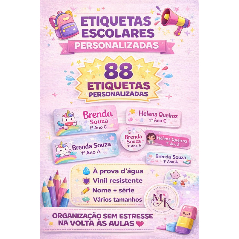 Kit Etiquetas Escolares Personalizadas 88 Unidades – Nome e Série – Vinil à Prova D’água