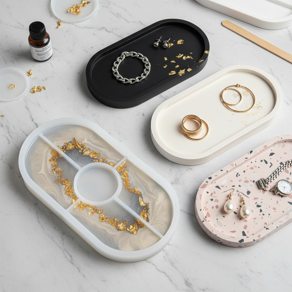 Molde de Silicone Bandeja Oval com Divisórias 18x9cm Para Resina, Gesso, Cimento e Velas