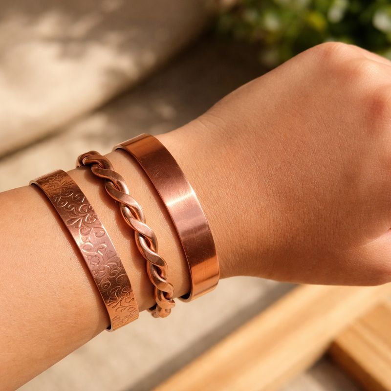 Trio De Pulseiras Em Cobre 100% Puro Modelos Lisa,Bordada e Trançada em Oferta na Shopee