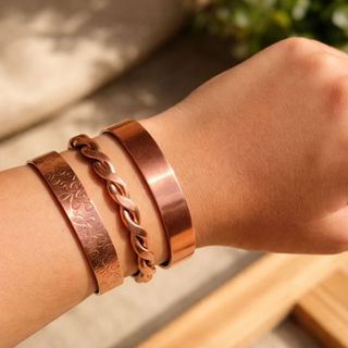 Trio De Pulseiras Em Cobre 100% Puro Modelos Lisa,Bordada e Trançada em Oferta na Shopee