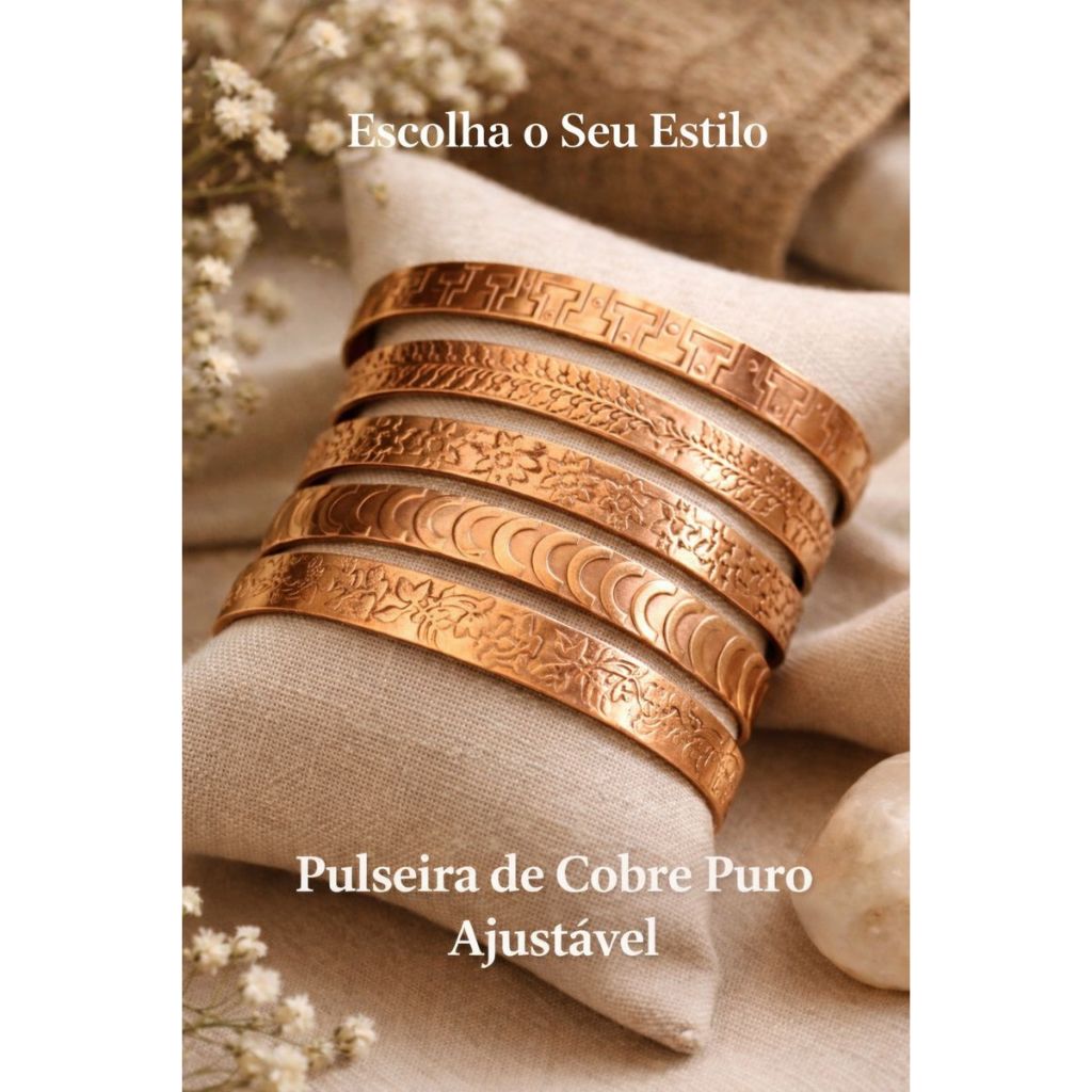 Pulseiras de Cobre Puro 100% Artesanal Ajustável – Elegante e Confortável em Oferta na Shopee