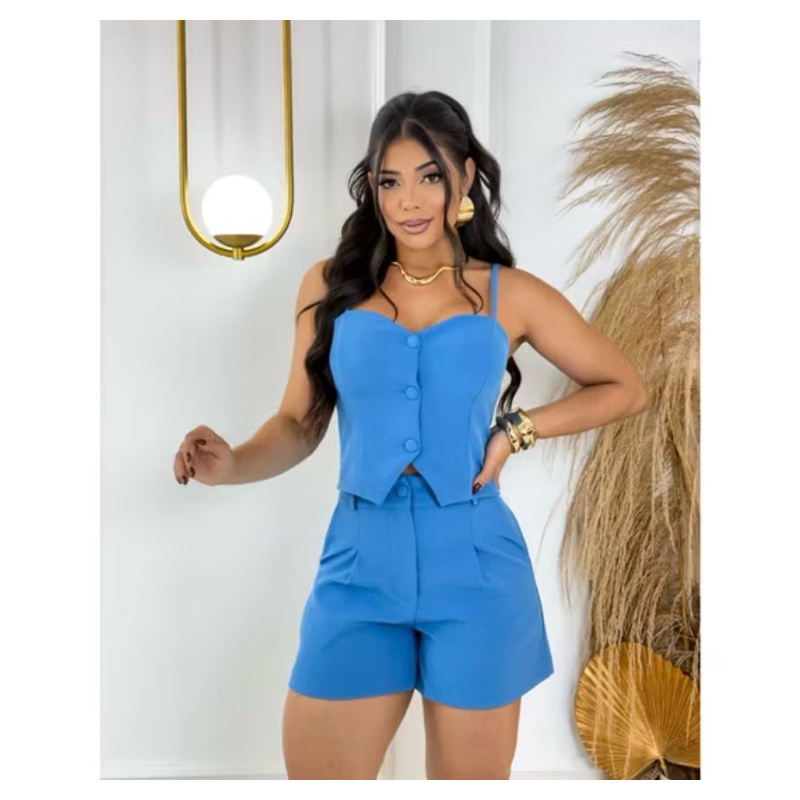 Conjunto Feminino Alfaiataria Casual Blusa de Alcinha + Short Cintura Alta Elegante e Confortável 2026 lindo