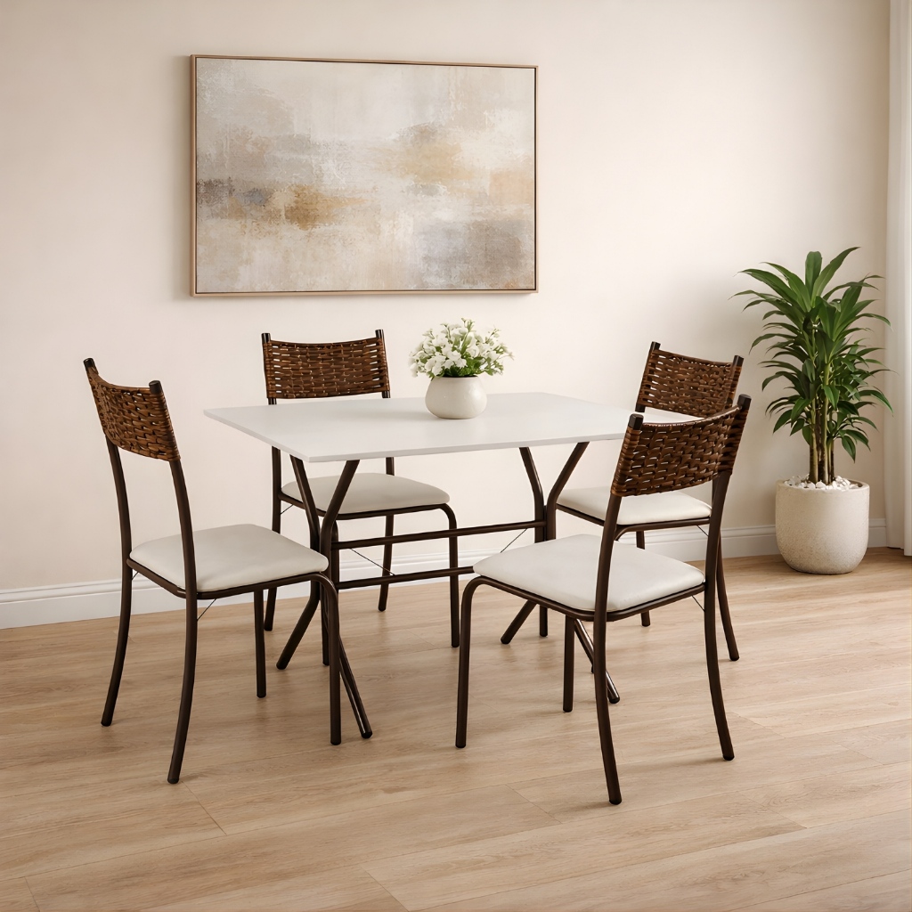 Conjunto Jogo Mesa Retangular 4 Cadeiras Junco Fibra Sintética Apartamento Pequeno Cozinha Jantar