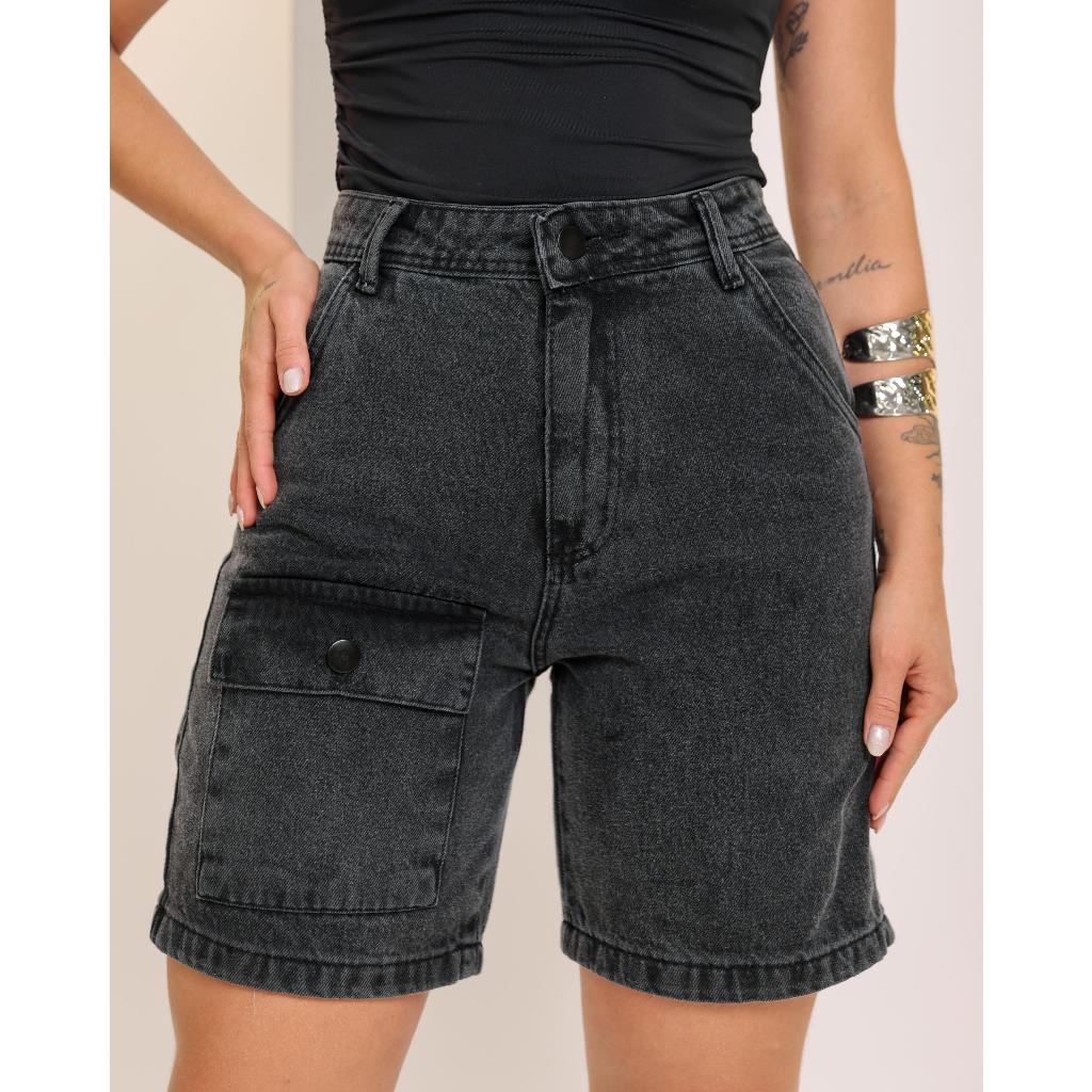 Pedal Jorts Bermuda Jeans Feminino Sem Lycra, Cintura Alta Detalhe De Bolso Cargo, Revesst Jeans.