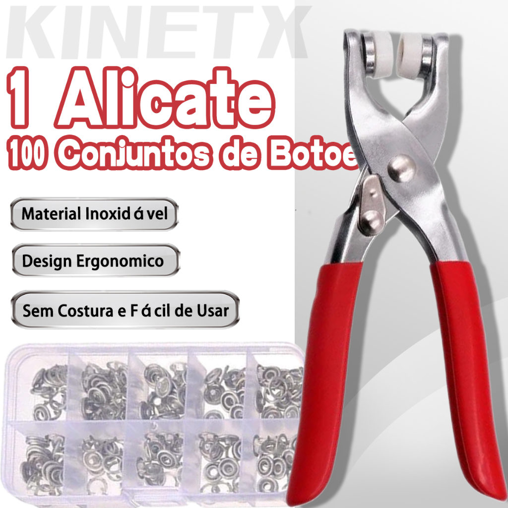 Kit Alicate Aplicador de Botões + 100 Botões de Pressão Metal Inoxidável para Roupas e Artesanato