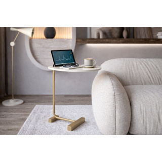 Mesa para Braço de Sofá de Decoração Apoio Canto Lateral - Base Metal Dourada e Tampo Off White em Oferta na Shopee