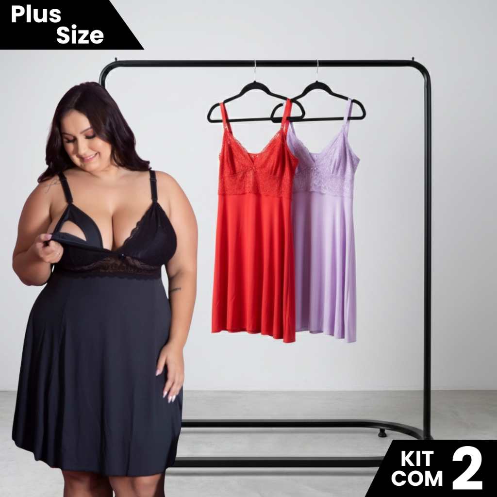 Kit 2 Camisolas Sexy  Tamanho Grande Confortável Rendada Charmosa Feminina Sensual Noite Plus Size .