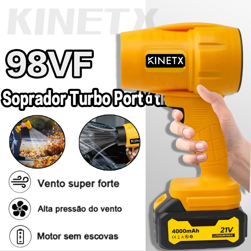 1000W KINETIX Soprador Turbo Portátil 2 Baterias Bivolt 5700 rpm  21V Potente para Limpeza Interna e Externa
