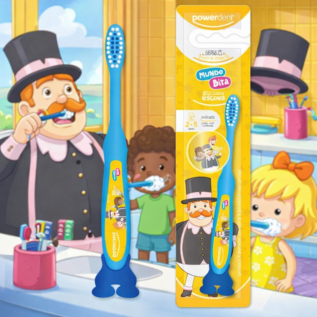 Escova Dental Infantil Mundo Bita 2 a 5 Anos com Ventosa e Protetor de Cerdas Powerdent