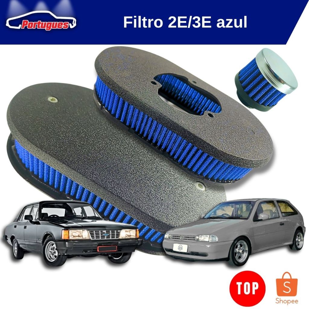 Filtro Esportivo Carburador 3e/2e Lavavel + Respiro Preto micro texturizado Gol Opala Monza...