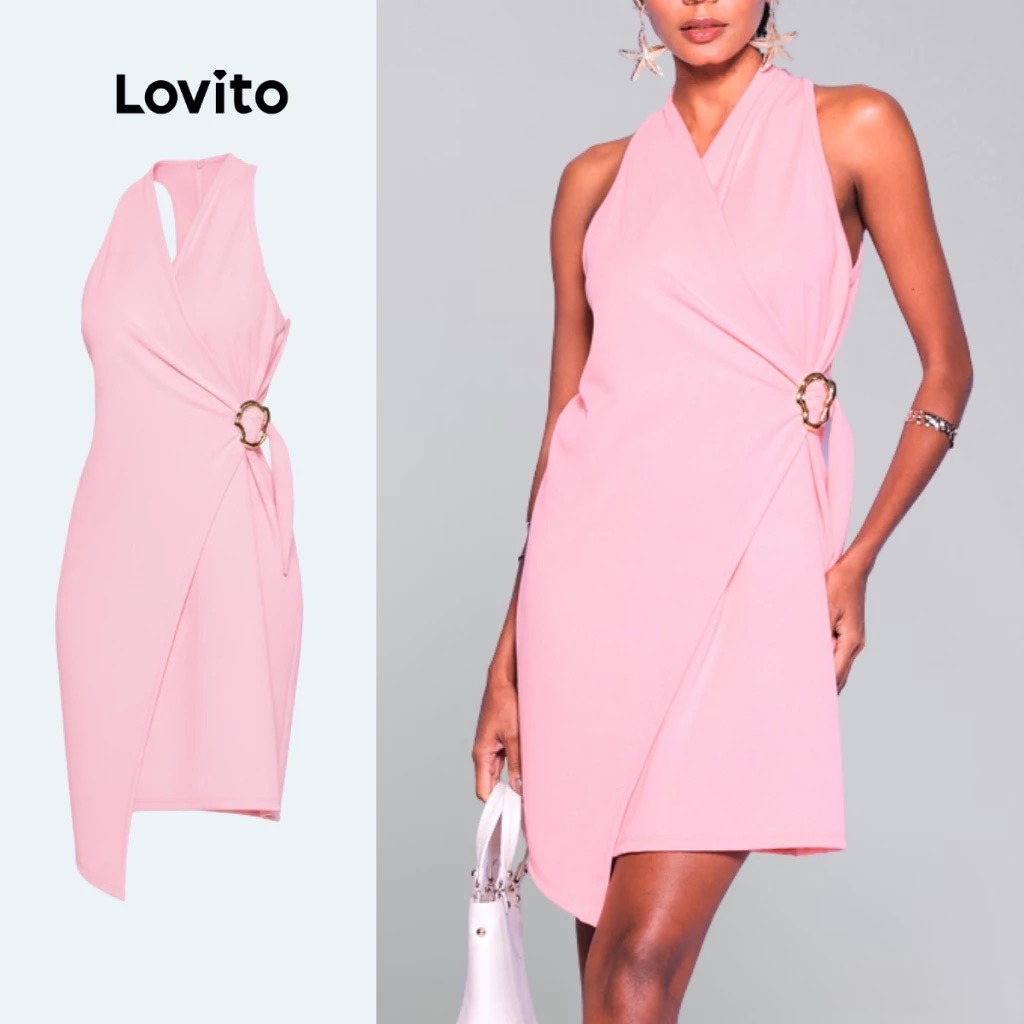 Lovito Vestido Curto Assimetrico Gola V Basico Feminino DRB962BRL992