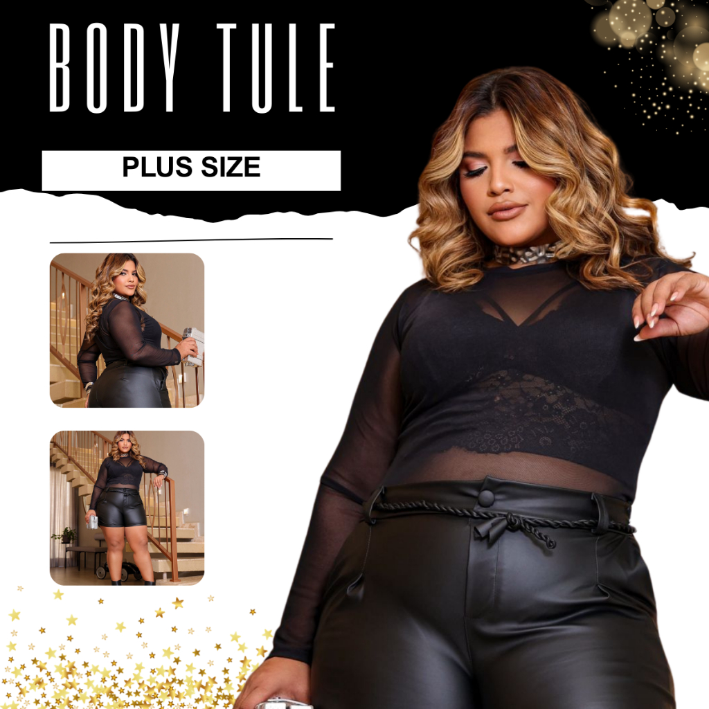 Body Camisa Blusa Tule Plus Size Transparente  Gola Alta Tendencia 2025 Promoção Novidade