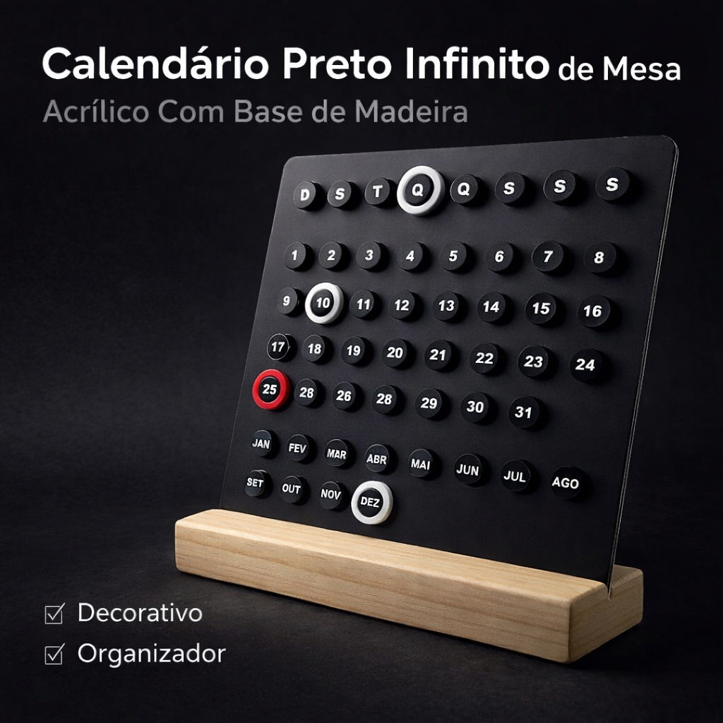 Calendário Preto Infinito Para Mesa Escritório Com Base De Madeira em Oferta na Shopee