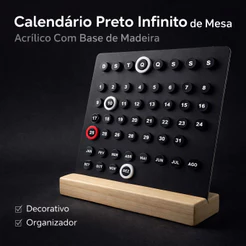 Calendário Preto Infinito Para Mesa Escritório Com Base De Madeira
