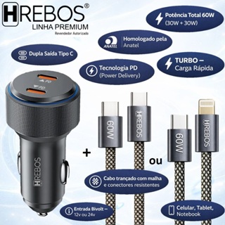 Carregador Veicular Hrebos 60W USB-C PD Dupla Saída | Kit com Cabo Tipo C ou Lightning CRV-209 em Oferta na Shopee