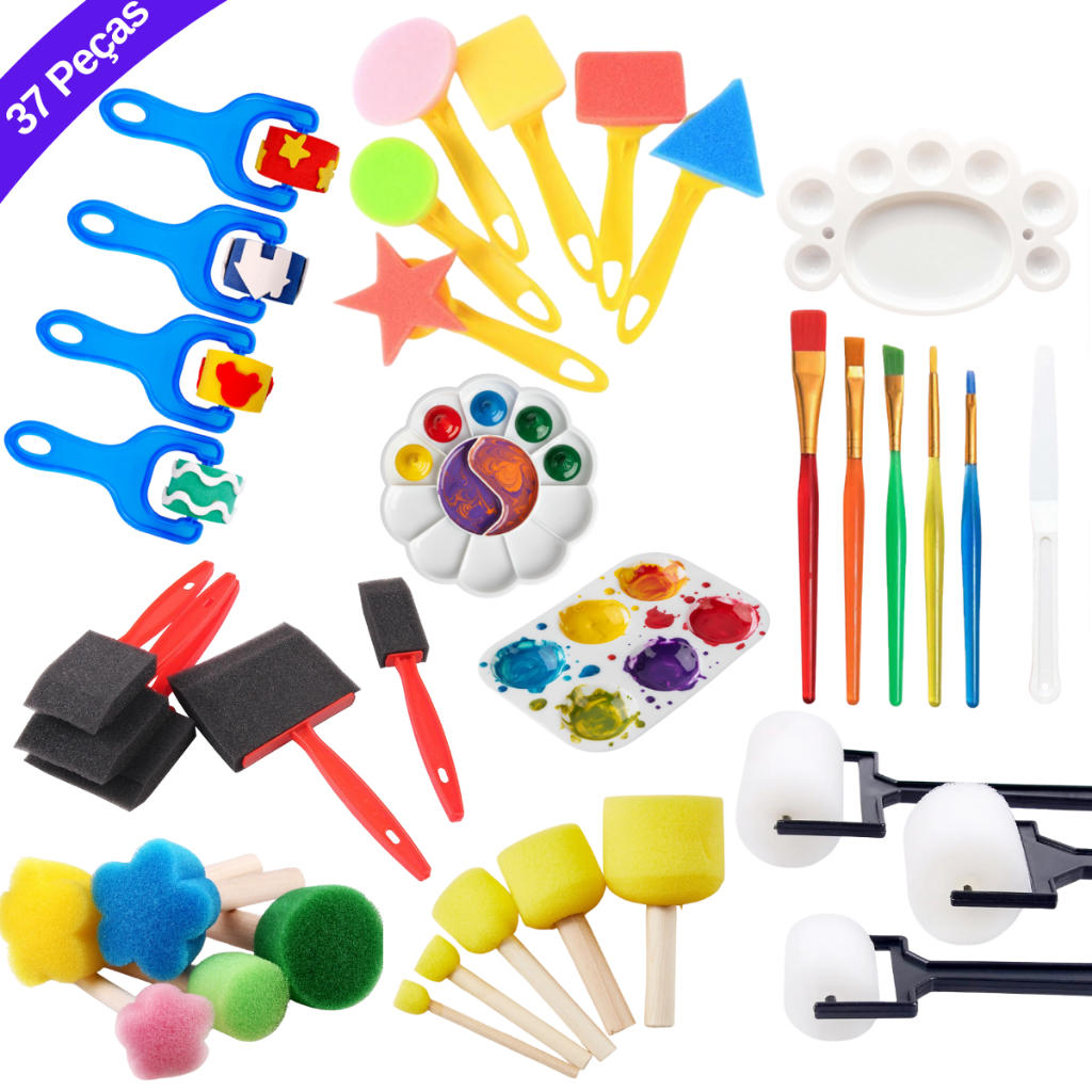 Kit 37 Pincéis Para Pintura Com Paleta Escolar e Artesanato