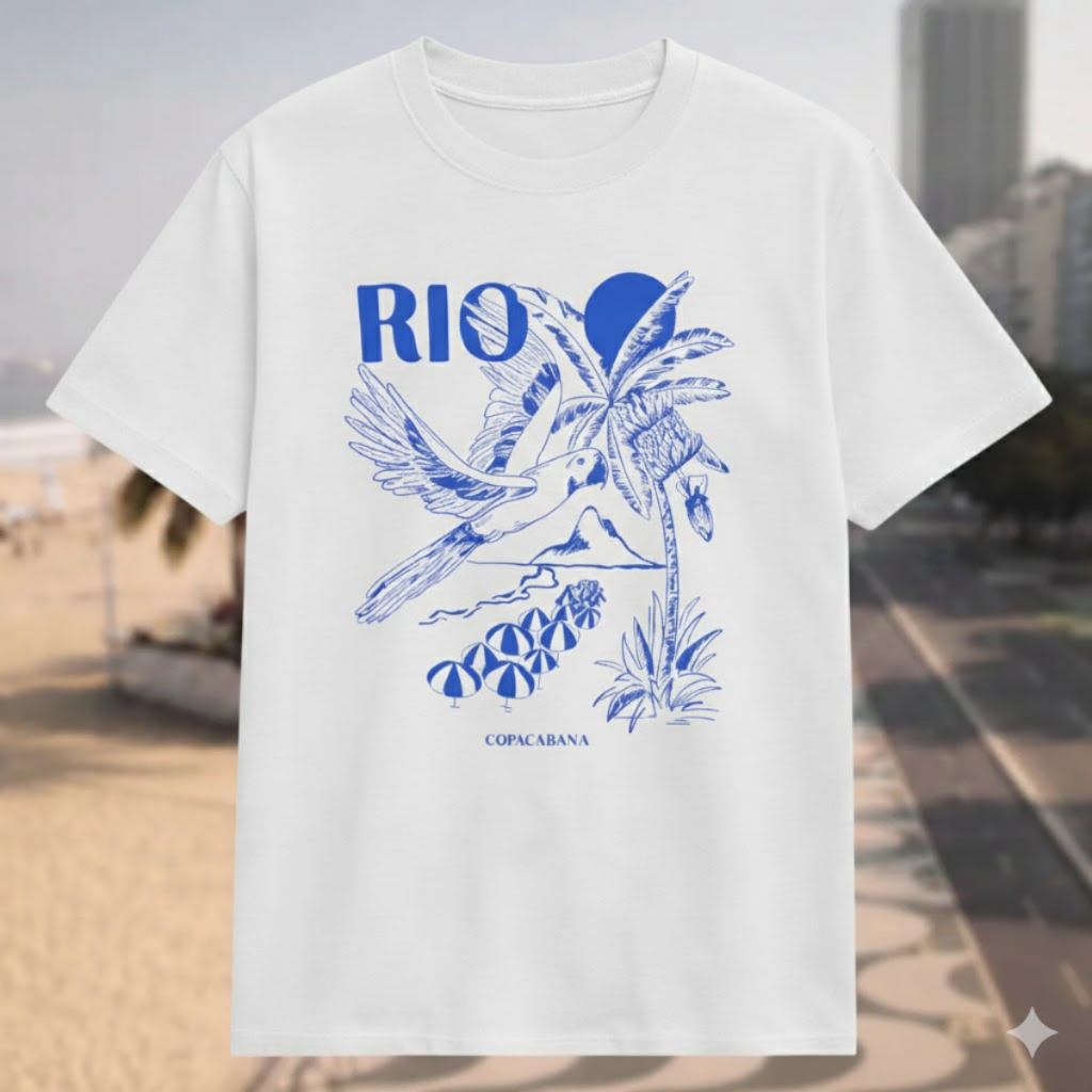 Camisa Camiseta Unissex Rio de Janeiro Papagaio Palmeira Copacabana Pão de Açucar Praia Sol Algodão