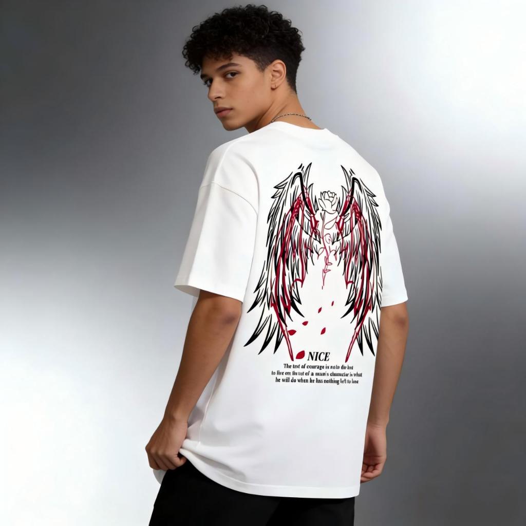 Camiseta estampada estilo retrô americano com asas, manga curta, gola redonda, 100% algodão, estilo casal solto de verão em Oferta na Shopee