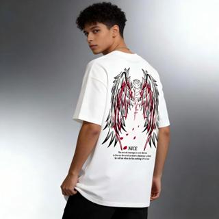 Camiseta estampada estilo retrô americano com asas, manga curta, gola redonda, 100% algodão, estilo casal solto de verão em Oferta na Shopee