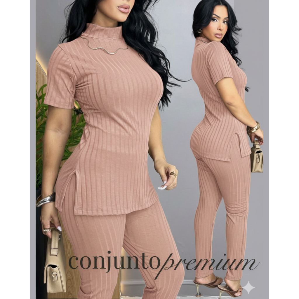 Conjunto Feminino Canelado Calça e Blusa Malha Com Elastano Confortável em Oferta na Shopee