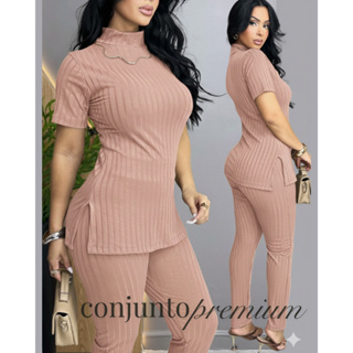 Conjunto Feminino Canelado Calça e Blusa Malha Com Elastano Confortável em Oferta na Shopee