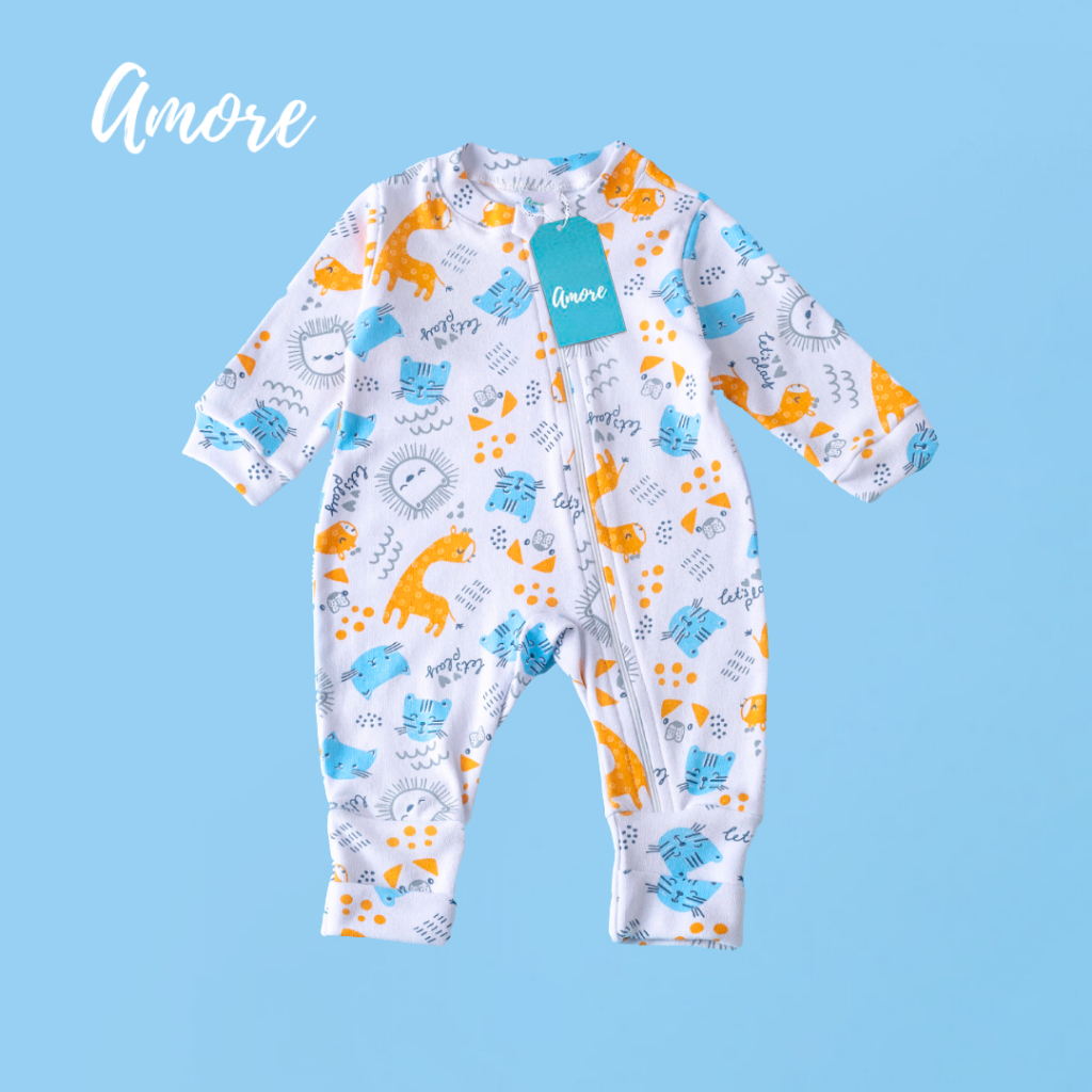Macacão de Bebê Amore Vira Pé Amiguinhos da Selva Com Zíper 100% Algodão