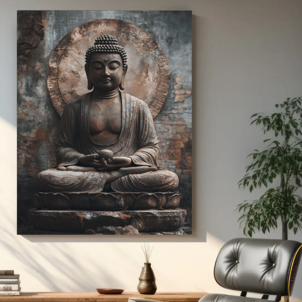 Imagem Quadro decorativo religão budista estátua de Buda meditando para sala quarto hall alta resolução