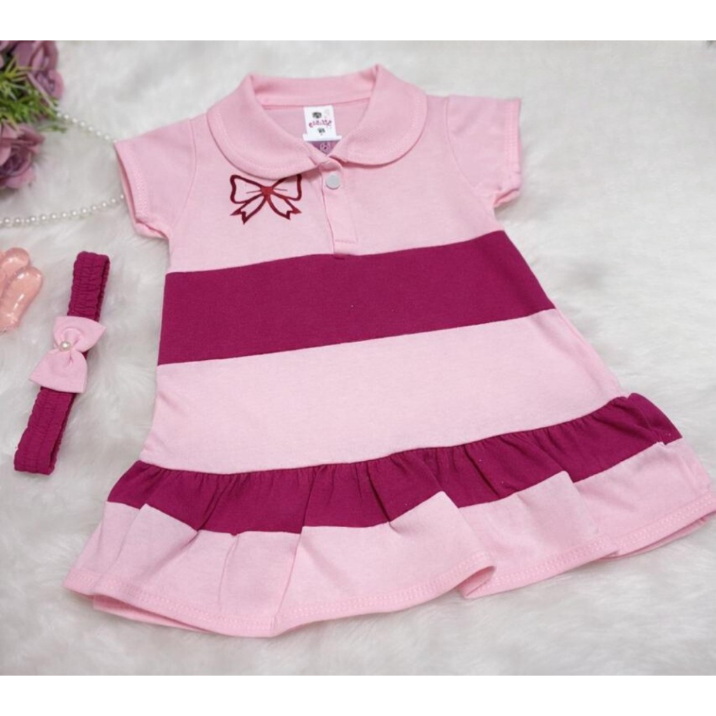 Vestido Listrado com Bordado Delicado + Tiara Combinando para Bebê RN a 6 meses Look Fofo