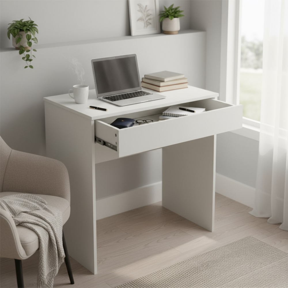 Mesa Escrivaninha Penteadeira 70cm Com Gaveta Branco MDF Quarto Estudo Trabalho Multiuso Compacta