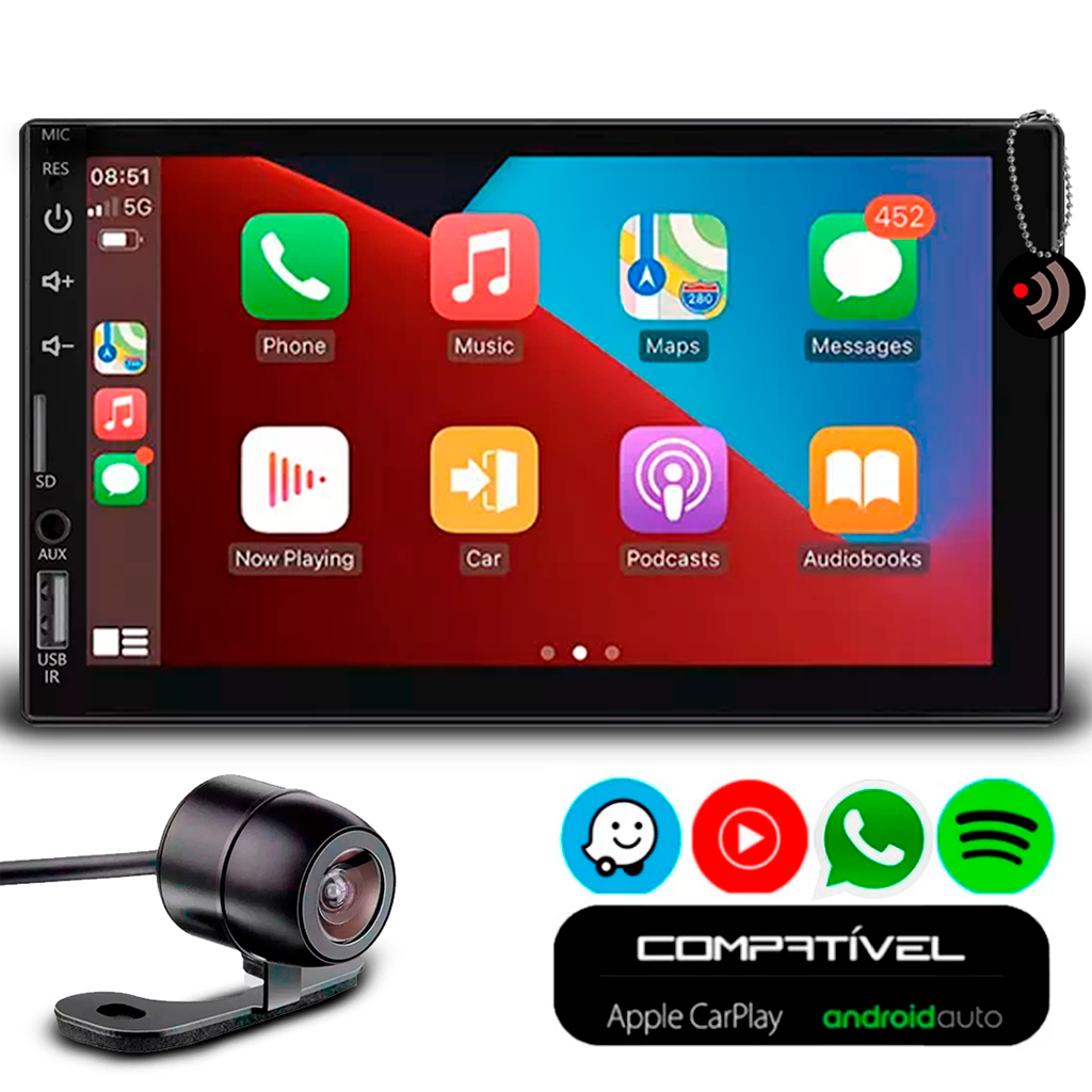Multimídia 7" Polegadas CarPlay/AndroidAuto Apps Gps Spotify + Câmera de Ré Colorida Universal Preta em Oferta na Shopee
