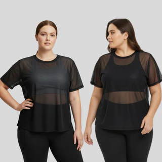 Blusa Feminina Transparente de Tule Manga Curta Camiseta Academia Treino