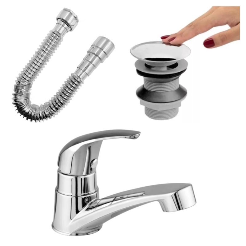Kit Torneira Lavatório MonoUp Abs Cromado + Válvula click Cromado Abs 7/8 + Sifão Universal Cromado