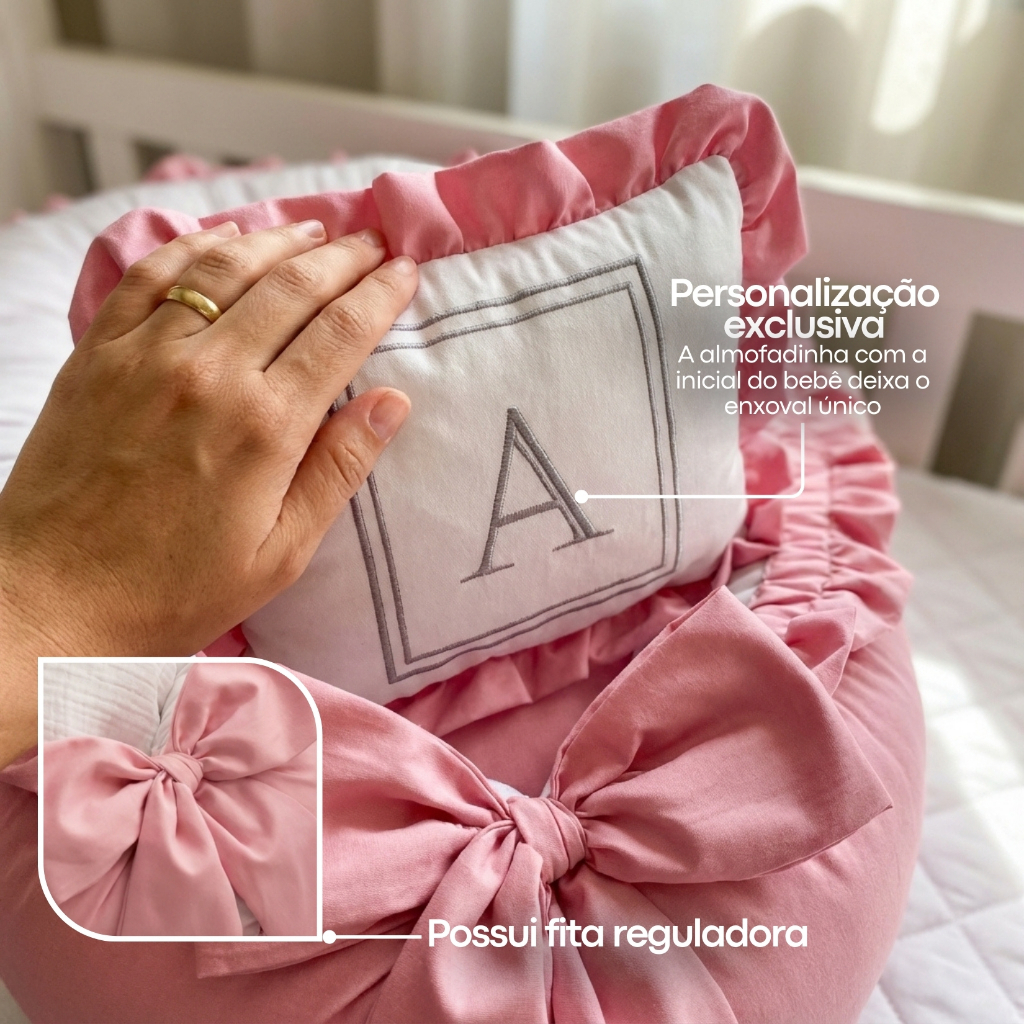 Detalhes do Ninho Redutor de Berço 400 Fios com Almofadinha Personalizada Inicial