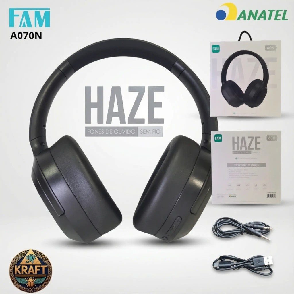 Fones Bluetooth 5.0 HAZE A070N Cancelamento de Ruídos Bateria 60 Horas PRETO