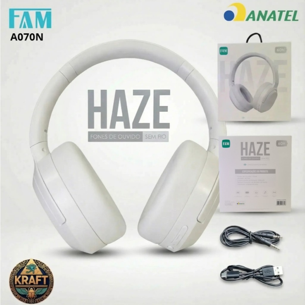 Fones Bluetooth 5.0 HAZE A070N Cancelamento de Ruídos Bateria 60 Horas BRANCO