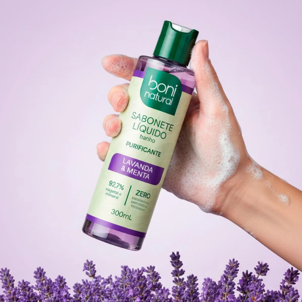 Sabonete Liquido Lavanda e Menta Banho Purificante Vegano Boni Natural 300mL