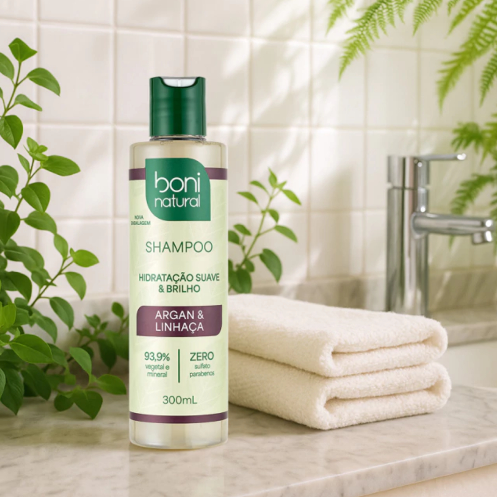 Shampoo Argan e Linhaça Para Cabelo Hidratação e Brilho Capilar Vegano Boni Natural 300mL