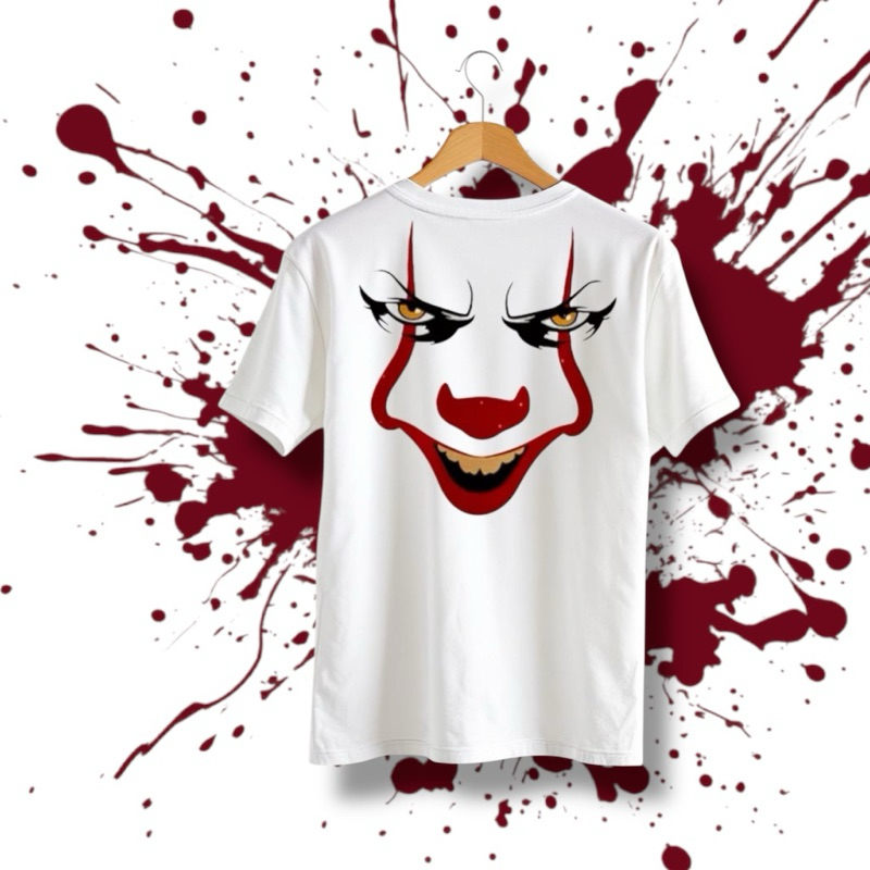 Camisa Básica Unissex Estampada Rosto Palhaço Pennywise Camiseta Manga Curta Gola Redonda Moda Verão Festa Halloween